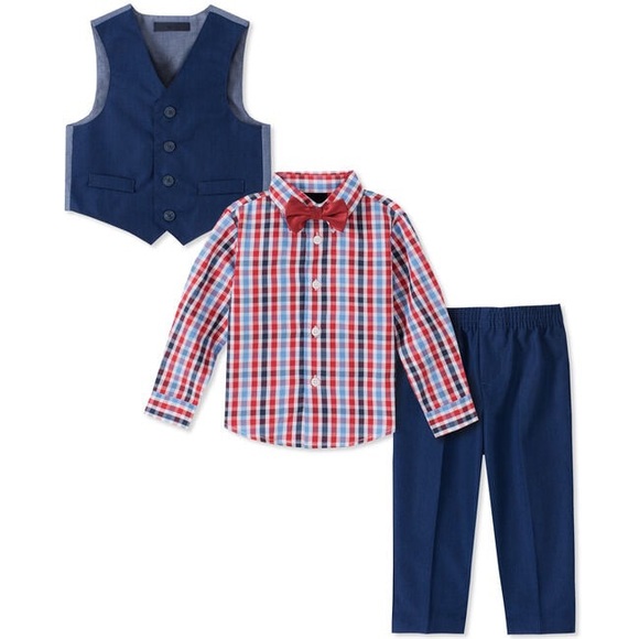 New! Nautica Boys TONAL WINDOWPANE Bright Blue 4 Piece Vest Set Size 2T - Picture 2 of 9
